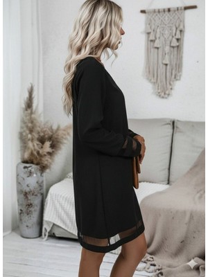 Modi Green Modig Kadın Uzun Kollu V Yakalı Tül Şerit Detaylı Mini Krep Elbise