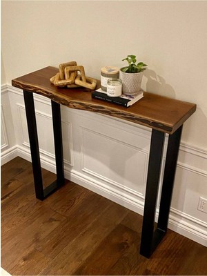 Feyza Design Kavisli Ahşap Dresuar - Doğal Kenar ve Metal Ayaklar