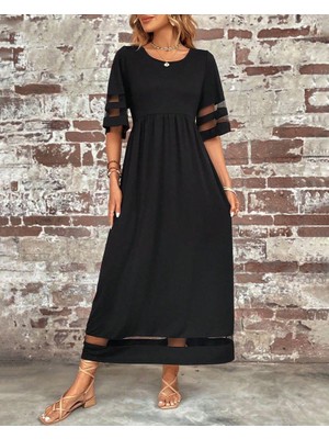 Modi Green Modig Kadın Kısa Kollu Bisiklet Yaka Tül Detaylı Janjan Krep Maksi Elbise