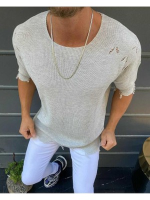 Elku Moda Lazer Kesim Yırtık Detaylı Oversize Tişört  Trend Rahat Salaş Kesim