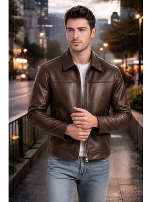 Derije Donald Hakiki Deri Erkek Kahverengi Basic Ceket