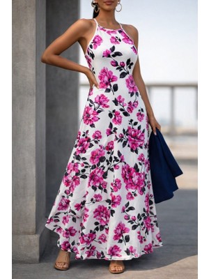 Modi Green Modig Kadın Omuzlardan Açık Ip Askılı Desenli Uzun Süprem Elbise