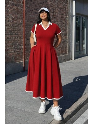 Modi Green Kadın Kısa Kollu V Yakalı Pileli Uzun Janjan Krep Elbise