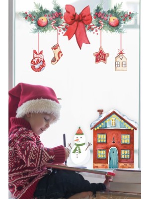 Msticker Yılbaşı Temalı Kırmızı Fiyonk ve Kardan Adam Çocuk Odası Sticker Seti Yapışkanlı