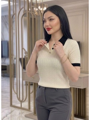 Abba1 Bayan Polo Yaka Yumuşak Dokulu Saç Örgü Desenli Triko Üst T-Shirt