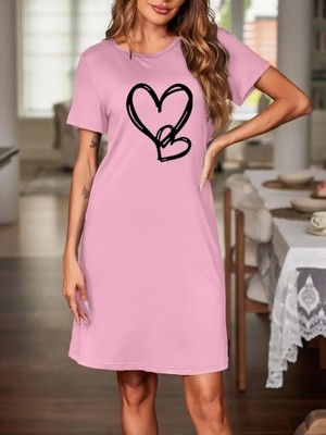 Modi Green Modig Kadın Kısa Kollu Bisiklet Yaka Kalp Desenli Viskon Elbise