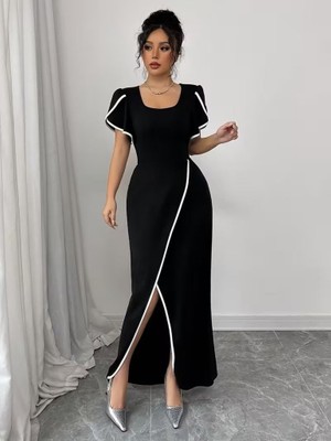 Modi Green Modig Kadın Kısa Kollu Kare Yakalı Önden Çapraz Kesim Detaylı Krep Elbise