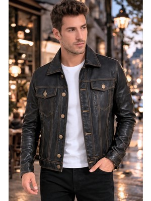 Derije Sanchez Hakiki Deri Erkek Siyah Kot Model Mont