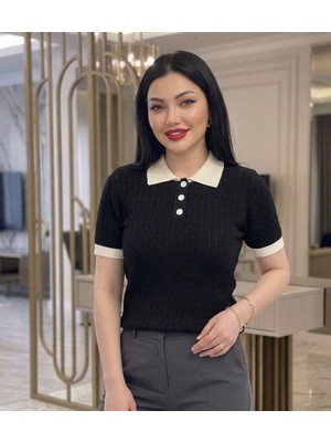 Abba1 Bayan Polo Yaka Yumuşak Dokulu Saç Örgü Desenli Triko Üst T-Shirt