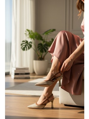 Enoch Kadın Kumaş Dokulu Deri Biyeli Çift Bantlı Estetik Ince Kadeh Topuklu Şık Ayakkabı