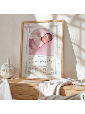 Gralanda Özel Kız Bebek Doğum Panosu, Fotoğraflı Çerçeveli Yeni Doğan Hoş Geldin Bebek Anı Tablosu Pembe U,