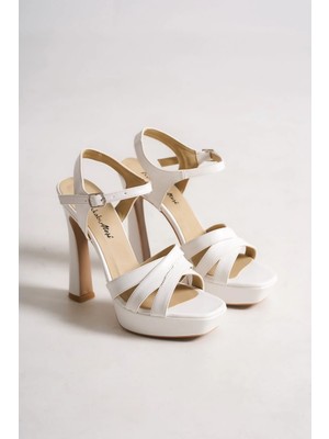 Ayakkabı Ateşi Beyaz Cilt  Platform Çapraz Bantlı Topuklu Kadın Ayakkabı Avanti
