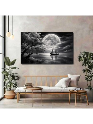 Artprinta Ay Işığında Yelkenli Kanvas Tablo – Siyah Beyaz Deniz Manzarası Duvar Dekoru