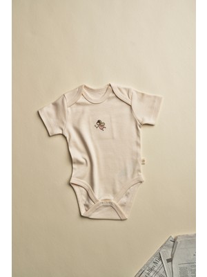 Oh la la Koala For Little Ones Krem Peri Nakışlı Kısa Kollu Çıtçıtlı Bebek Body