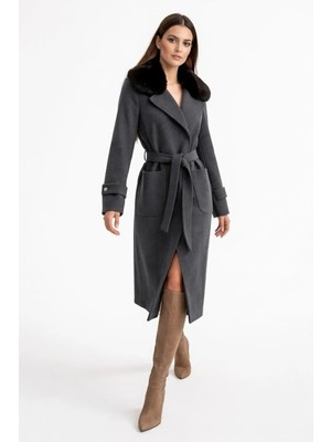 Esin Giyim Aurora Kürk Yakalı Kaşe Kaban