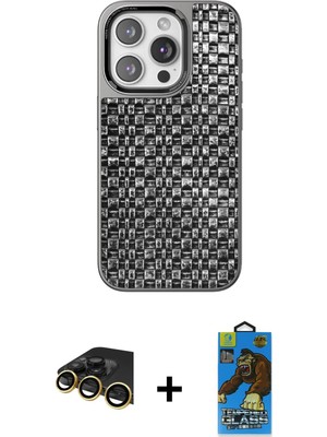 iPhone 14 Pro Max Siluet Form Serisi - Siyah 18D Cam Ekran Koruyucu + Gold Raze Metal Kamera Lens