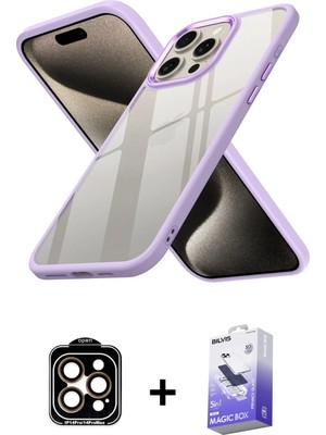 iPhone 15 Pro Max Nova Işık Serisi - Siyah Bilvis 5in1 5d Magic Hayalet Cam Ekran Koruyucu + Turuncu Pvd Metal Kamera Lens