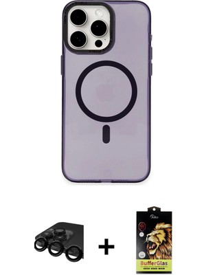 iPhone 15 Pro Max Eksen Işık Prime - Siyah Buffer Cam Ekran Koruyucu + Siyah Raze Metal Kamera Lens