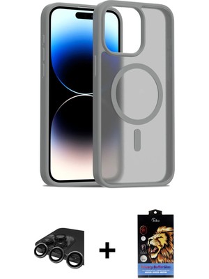 Cepte Toptan iPhone 15 Pro Max Siluet Minimal Prime - Siyah Buffer Hayalet Cam Ekran Koruyucu + Titanyum Gri Raze Metal Kamera Lens