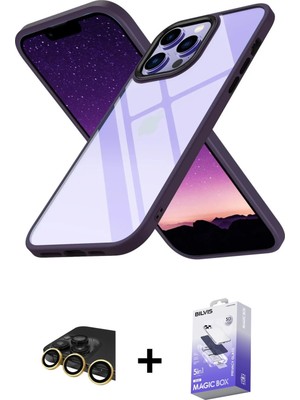 Cepte Toptan iPhone 13 Pro Max Nova Işık Serisi - Siyah Bilvis 5in1 5d Magic Hayalet Cam Ekran Koruyucu + Gold Raze Metal Kamera Lens