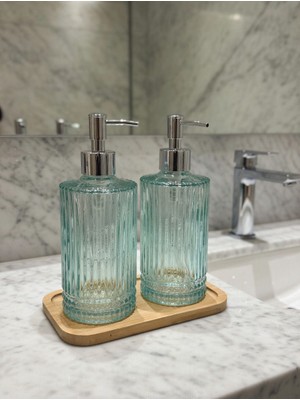 Rise Kristal Kesim 2'li Cam Sıvı Sabunluk Seti - Antik Dokulu Bambu Standlı Banyo & Mutfak Seti