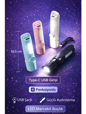 Eneci 4 Fonksiyon Yanma LED Mercekli Ayarlı Başlık 10,5 cm Boyutunda Type-C Girişli Şarjlı LED Fener