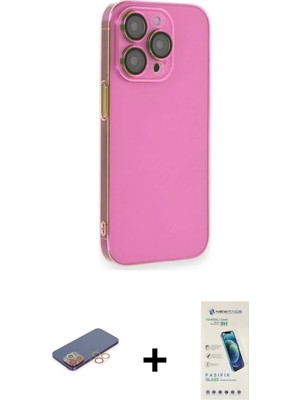 Cepte Toptan iPhone 13 Pro Max Siluet Minimal Özel Seri - Şeffaf Pasifik Cam Ekran Koruyucu + Turuncu Renkli Kamera Lens Koruma Cam