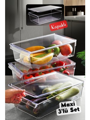 Nandy Home Kapaklı Maxi Tall Şeffaf Organizer 3'lü Set Buzdolabı ve Dolap İçi Düzenleyici