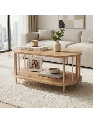 tridihome Iskandinav Tarzı Masif Ahşap Oval Orta Sehpa Çift Katlı Raflı Salon Ofis Sehpası 50X90X43 cm