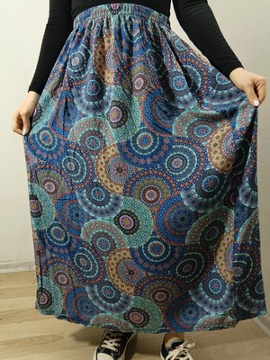 Hoaryage Beli Lastikli Desenli Viskon Basma Kumaş Maxi Boy Anne Etek 36-48BEDEN