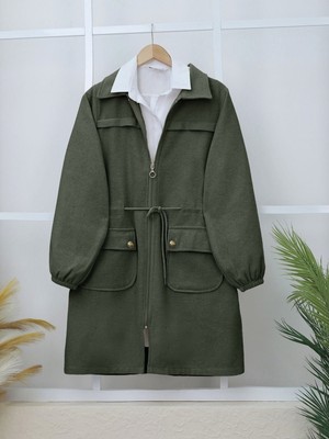 Modamorfo Kolu Lastikli Top Düğme Cepli Fermuarlı Kaşe Kap -Haki