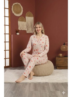Defka Pamuklu Esnek Kumaş Düğmeli Kadın Pijama Seti - Ev Giyim & Lounge