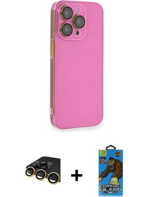 Cepte Toptan iPhone 14 Pro Max Siluet Minimal Özel Seri - Siyah 18D Cam Ekran Koruyucu + Gold Raze Metal Kamera Lens