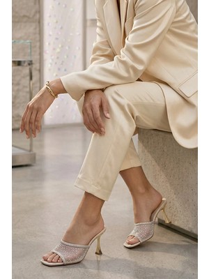 Stilbagshoes HOLLY FİLE TAŞ DETAYLI ABİYE KADIN TERLİK BEJ