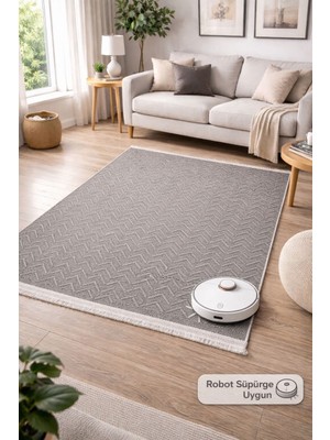 Şekerci Tekstil Sisal Görünümlü Polyester Kilim Gri Zigzag Desen Kaymaz Taban Robot Süpürgeye Uyumlu Modern Halı