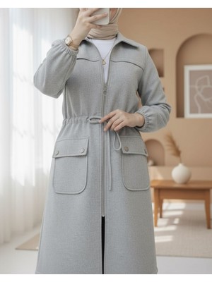 Modamorfo Kolu Lastikli Top Düğme Cepli Fermuarlı Kaşe Kap -Füme