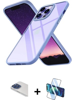 Cepte Toptan iPhone 13 Pro Max Nova Işık Serisi - Siyah 3D Antistatik Cam Ekran Koruyucu + Lacivert Pers Alüminyum Kamera Lens