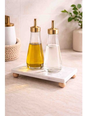 Marbello Ahşap Ayaklı Beyaz Mermer Yağdanlık Altlığı 15X30 cm Organizer Tepsi
