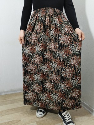 Hoaryage Beli Lastikli Desenli Viskon Basma Kumaş Maxi Boy Anne Etek 36-48BEDEN