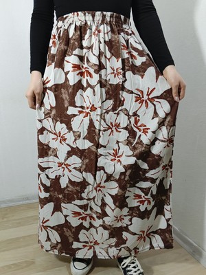 Hoaryage Beli Lastikli Desenli Viskon Basma Kumaş Maxi Boy Anne Etek 36-48BEDEN