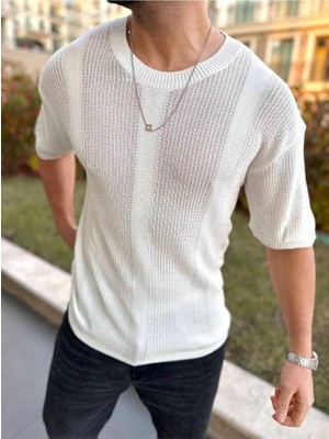 Elku Moda Tişört Örme Triko Tişört Nefes Alabilen Bisikletyaka Terletmez Oversize Bol Kesim Salaş T-Shirt