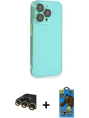 Cepte Toptan iPhone 14 Pro Max Siluet Minimal Özel Seri - Siyah 18D Cam Ekran Koruyucu + Gold Raze Metal Kamera Lens