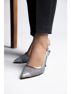 Stilbagshoes Odessa File Taş Detaylı Arka Açık  Kadın Abiye Ayakkabı Gümüş