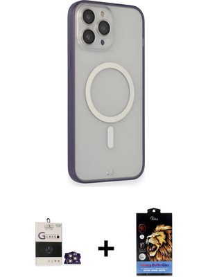 iPhone 14 Pro Max Siluet Işık Koleksiyonu - Siyah Buffer Hayalet Cam Ekran Koruyucu + Gümüş Bilvis Titan Kamera Lens