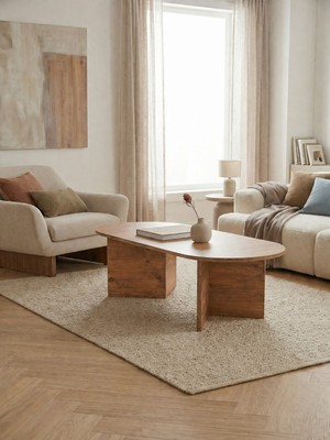 tridihome Lüks Tasarım Oval Orta Sehpa Masif Görünümlü Geniş Ayaklı Salon Ofis Sehpası 119X50X40CM Modern Doğal Ahşap Dokulu