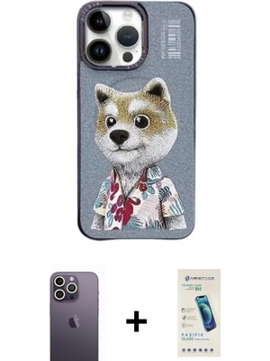 iPhone 13 Pro Max Siluet Modern Özel Seri - Şeffaf Pasifik Cam Ekran Koruyucu + Beyaz Neon Fosforlu Kamera Lens