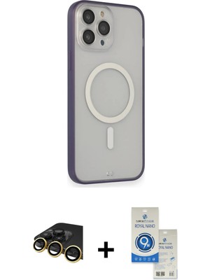 Cepte Toptan iPhone 14 Pro Max Siluet Işık Koleksiyonu - Şeffaf Royal Nano Ekran Koruyucu + Gold Raze Metal Kamera Lens