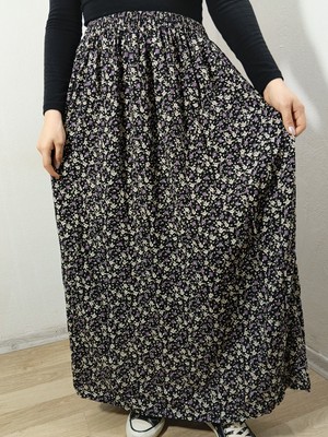 Hoaryage Beli Lastikli Desenli Viskon Basma Kumaş Maxi Boy Anne Etek 36-48BEDEN