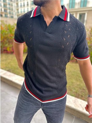 Elku Moda T-Shirt Nefes Alabilen Polo Yaka Terletmez Desenli Pamuklu Örme Tişört Oversize Triko Tshirt
