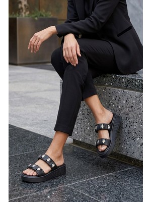 Stilbagshoes Gabriela Özel Seri Taş Detaylı Kadın Terlik Siyah